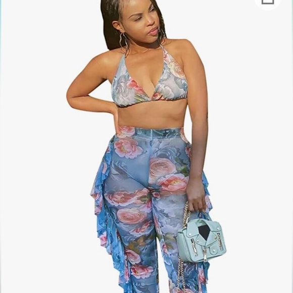 Choichic Other - Choichic Mesh Cover up Swimsuit Sheer 2-Piece Floral Flare Leg Pant & Bikini Top
